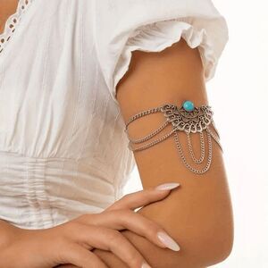 Boho Flower Inlaid Turquoise Multilayer Tassel Arm Chain Cuff